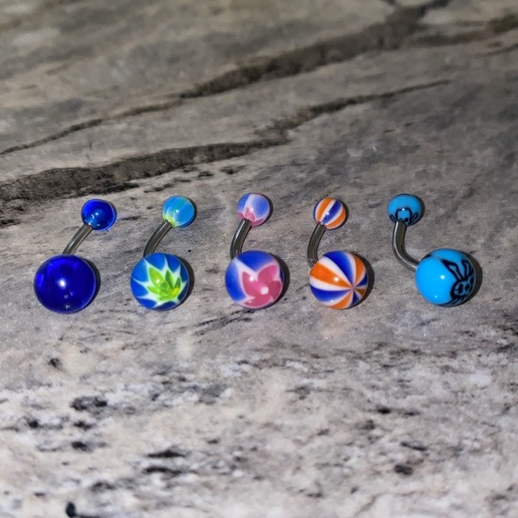 5 Belly Button Ring Set Blue - Picture 2 of 3